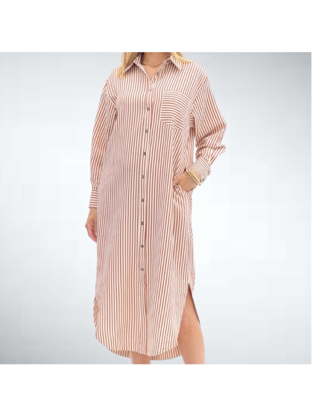 Entro Textured Stripe Button Down Shirt Dress in Rust Size S